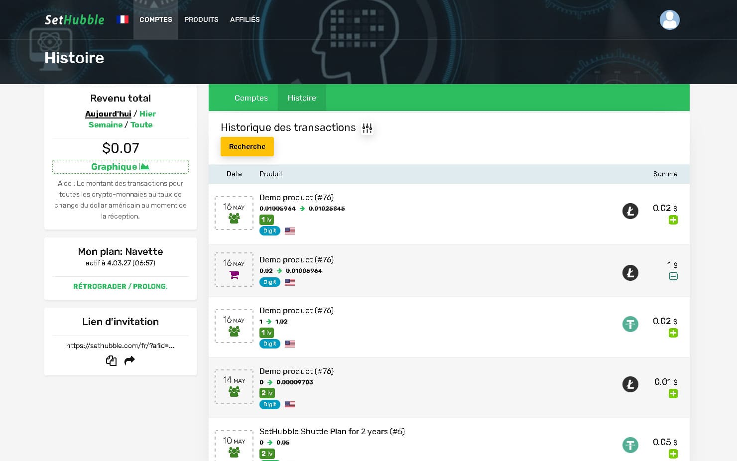 Historique complet des transactions