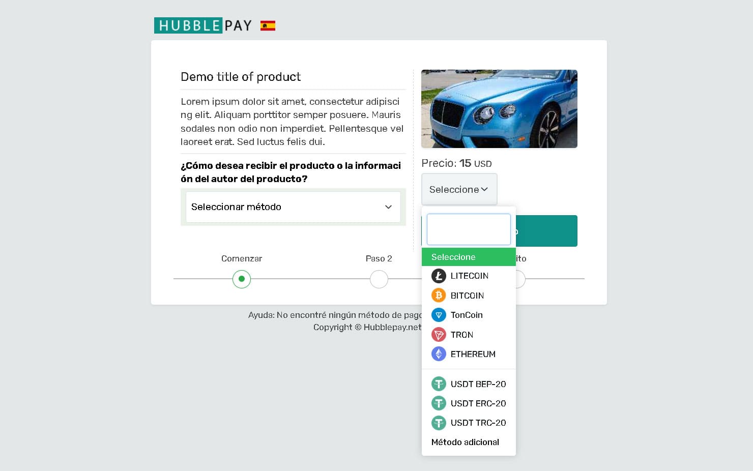 Selección de criptomoneda Elección del método de pago con criptomoneda
