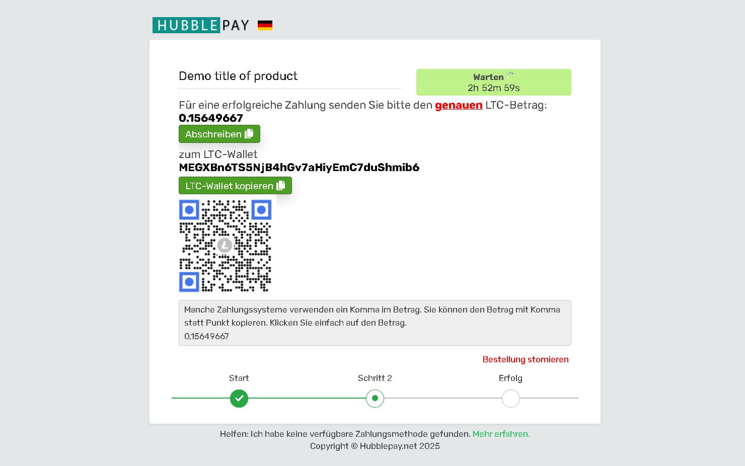 Zahlung mit Kryptowährung per QR-Code oder Angaben