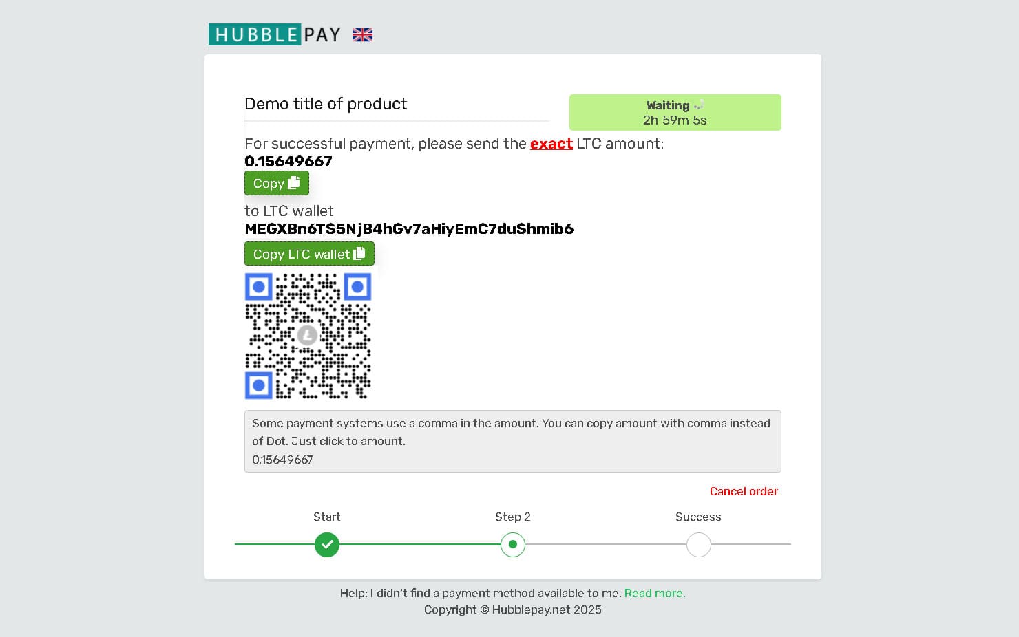 Second Step of Cryptocurrency Payment Form via QR Code or Address Cryptocurrency payment via QR code or details