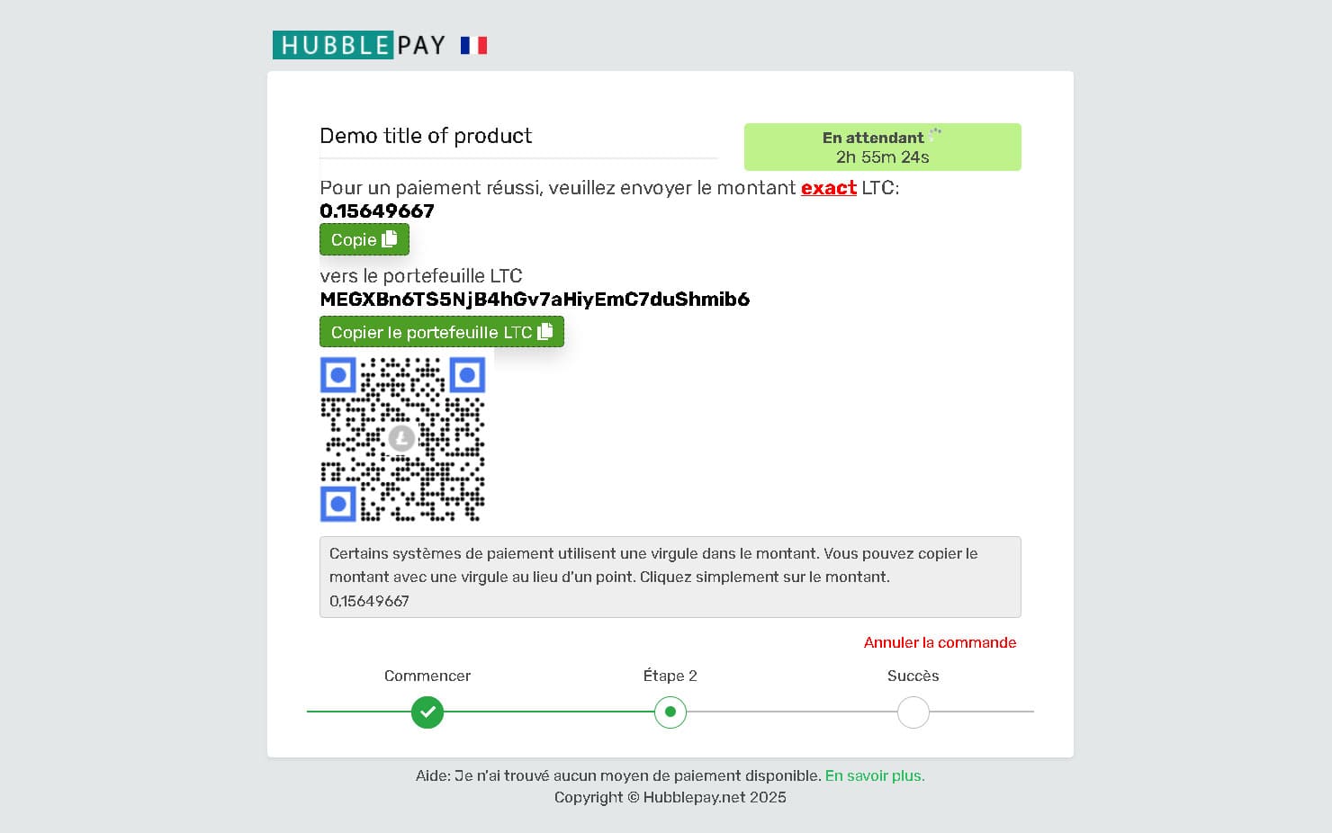 Paiement en cryptomonnaie par QR code ou coordonnées