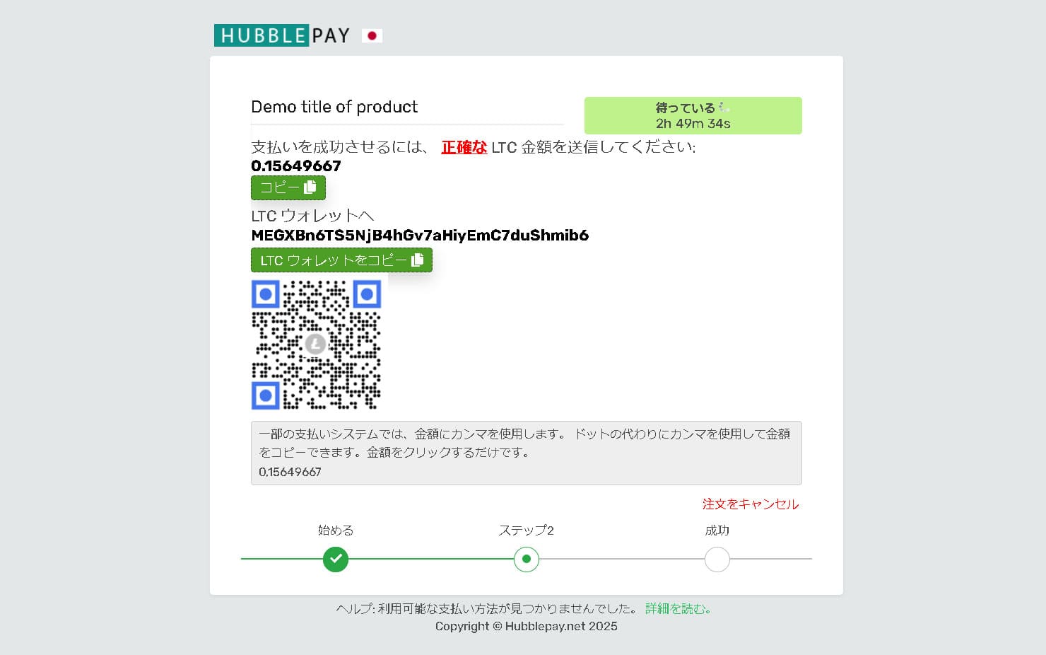 暗号通貨支払いフォームの第2ステップ QRコードまたはアドレスで QRコードまたは詳細情報による暗号通貨の支払い