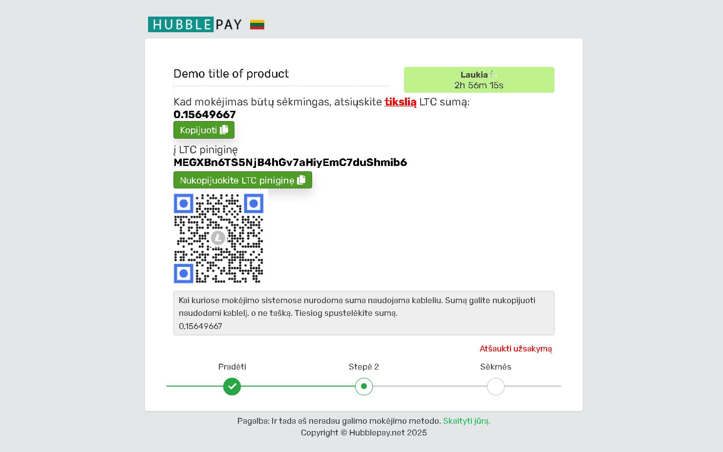 Antrasis kryptovaliutų mokėjimo formos žingsnis QR kodu arba adresu Kryptovaliutų mokėjimas per QR kodą arba duomenis