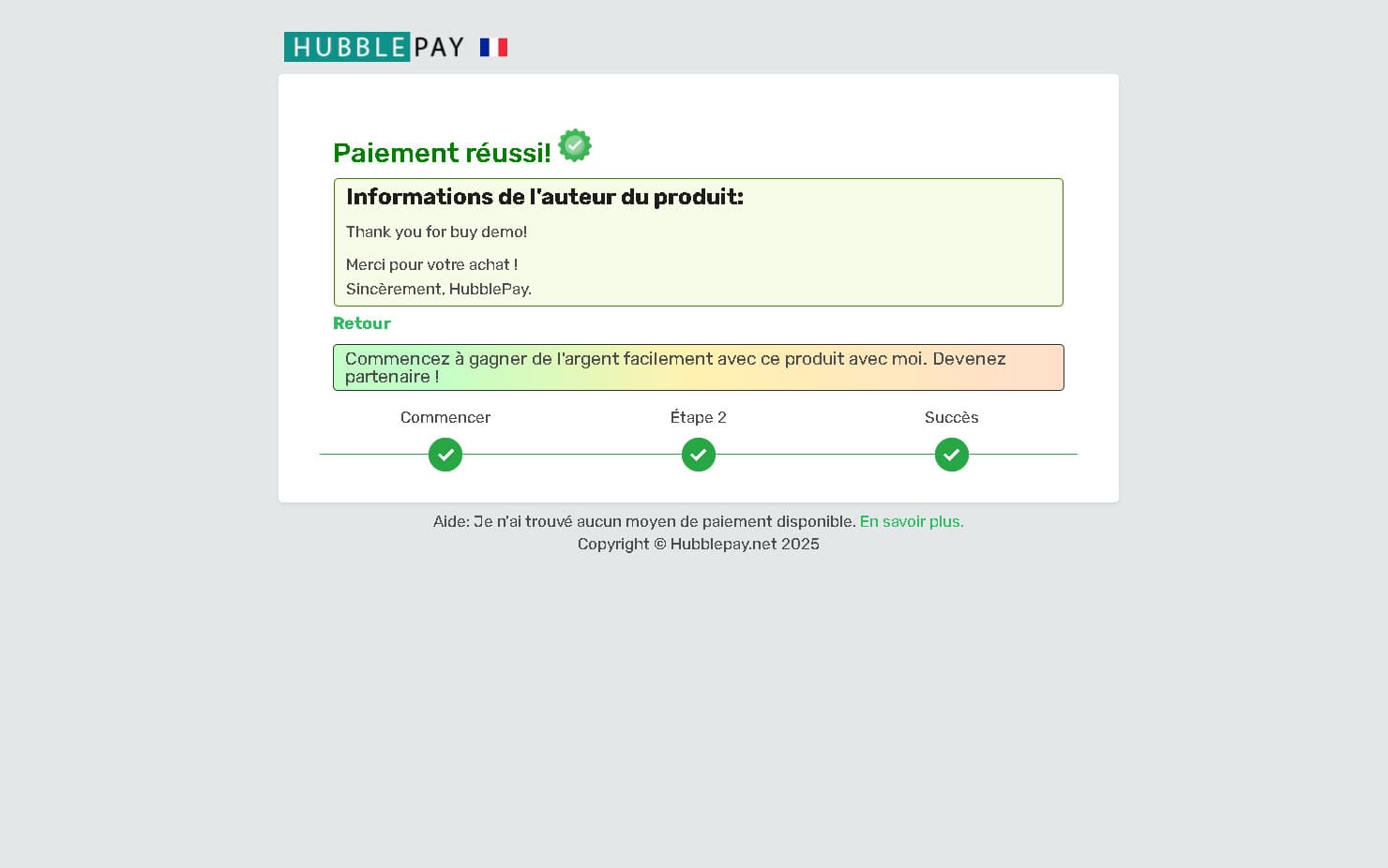 Étape finale. Payé en cryptomonnaie et produit reçu.