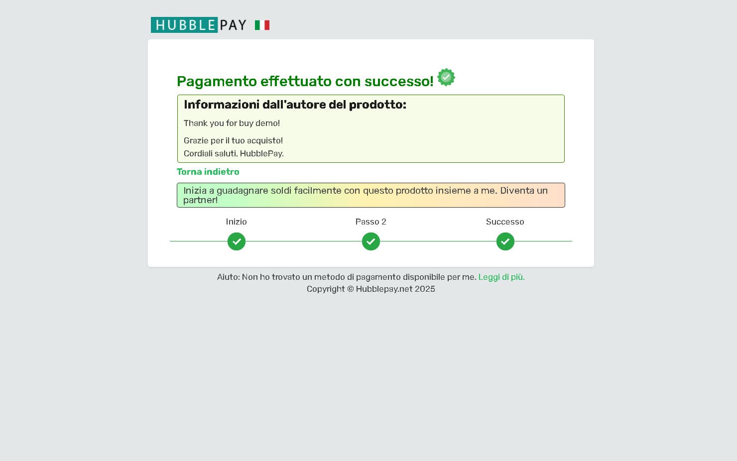 Pagamento riuscito e ricezione del prodotto Fase finale. Pagato in criptovaluta e prodotto ricevuto.